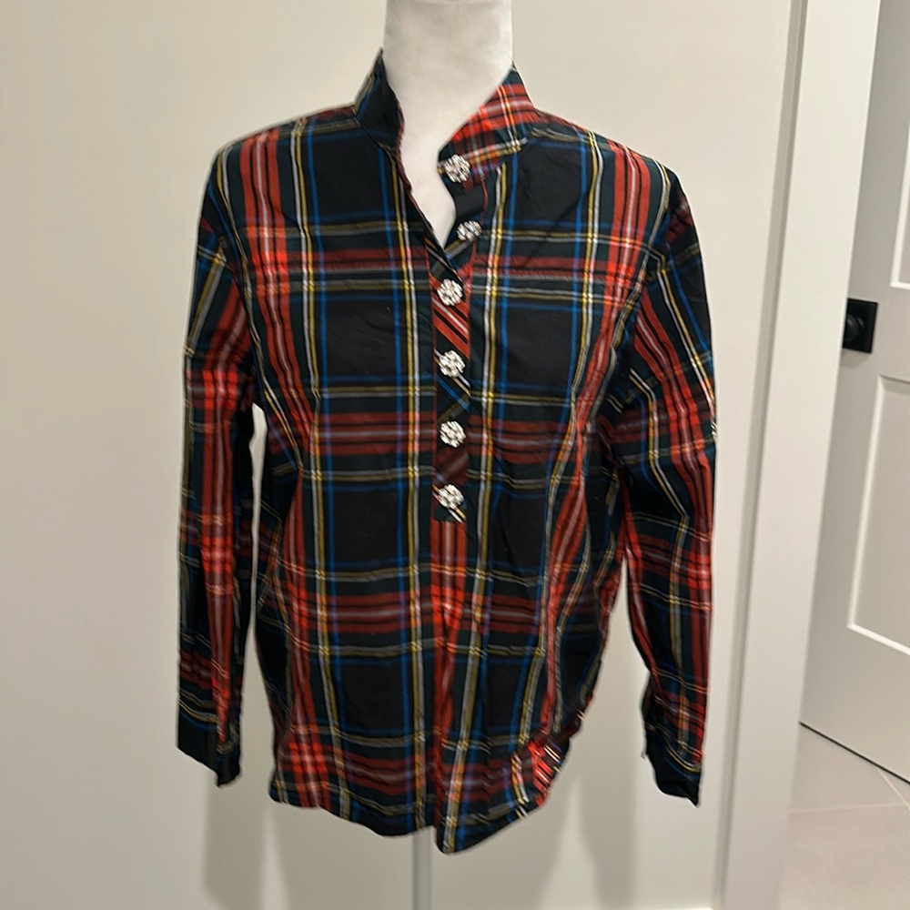 J. Crew Black Red Plaid Button Pullover Top